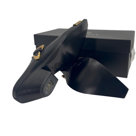 Versace Black Gold Leather Mules Heels Medusa Bucklel Women's 39.5 EU New - Picture 9 of 10